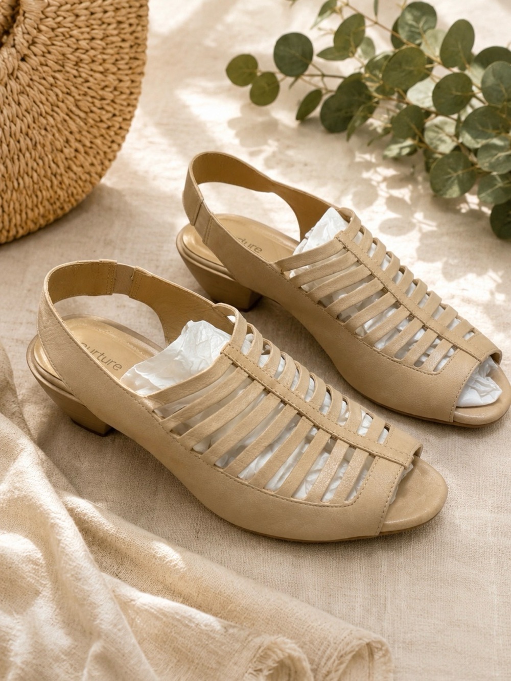 Nurture Beige Slingback Sandals Size 9M Comfort Heels Peep Toe Shoes
